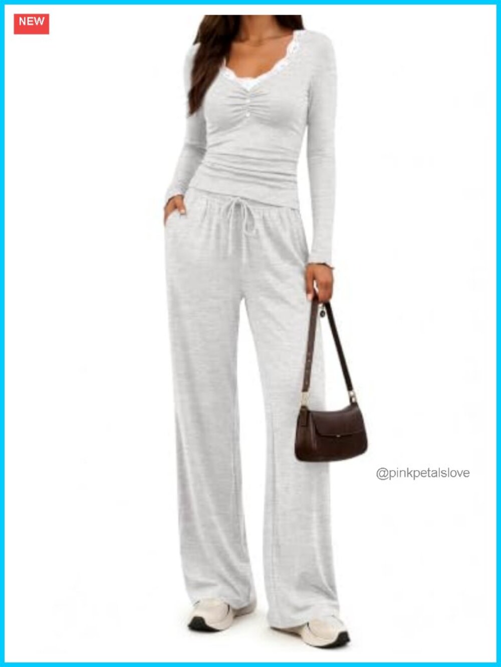 Women's 2 Piece Lounge Set Rayon Spandex Wide Leg Pants Lace V-Neck Top